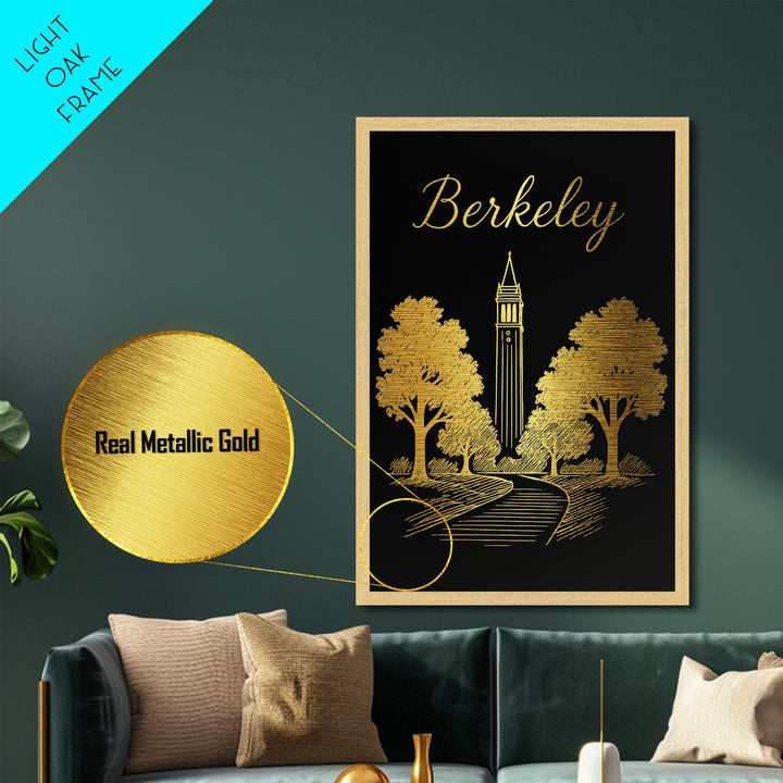 Berkeley California Art, Metallic Gold Print, Wood Framed Art, Metal Art, Minimalist Wall Art, Birthday Travel Gift, Anniversary Travel Gift