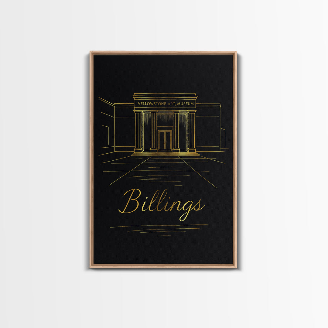 Billings Travel Poster, Framed Canvas Print, Black Gold Minimalist Art, Billings Wall Art, Retro Travel Print, Vintage City Art