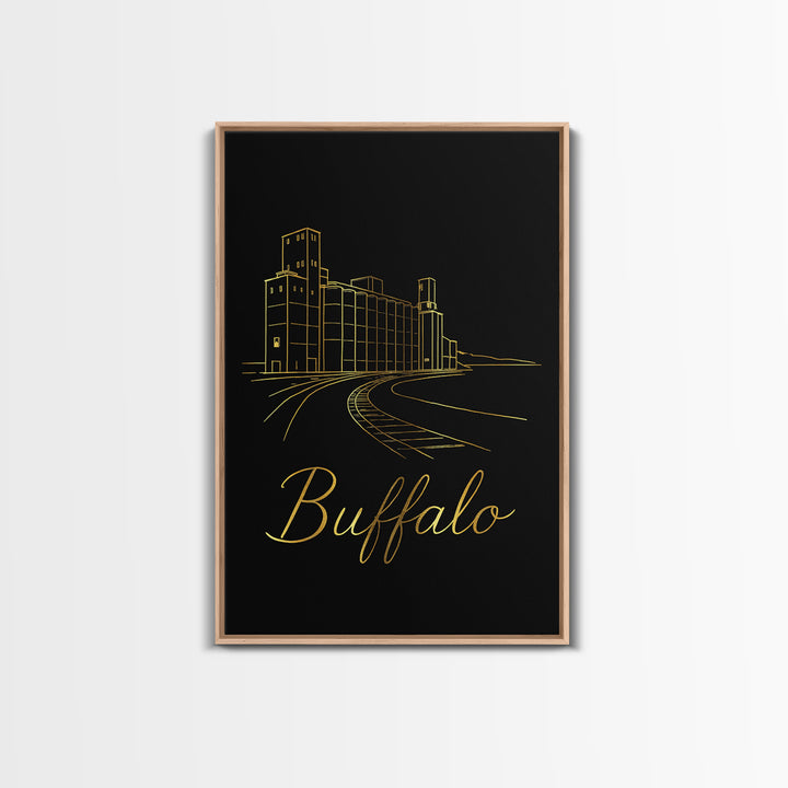 Buffalo Travel Poster, Framed Canvas Print, Gold Outline Poster Art, Buffalo City Art, Mid Century Wall Art, Travel Poster Set