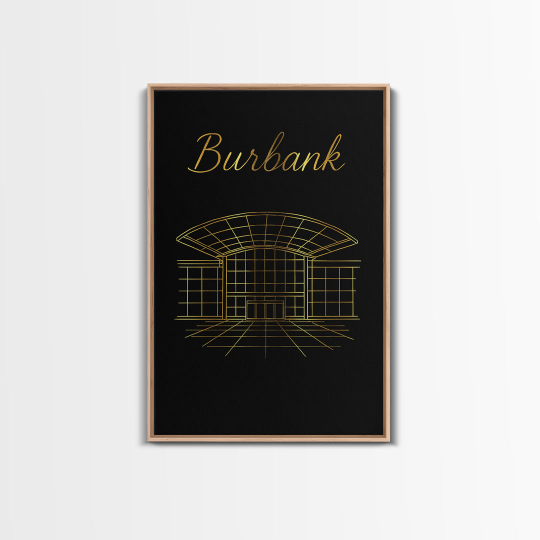 Burbank California Travel Poster, Framed Canvas Print, Gold Outline Poster Art, Burbank Poster Print, Travel Wall Art, Living Room Wall Art