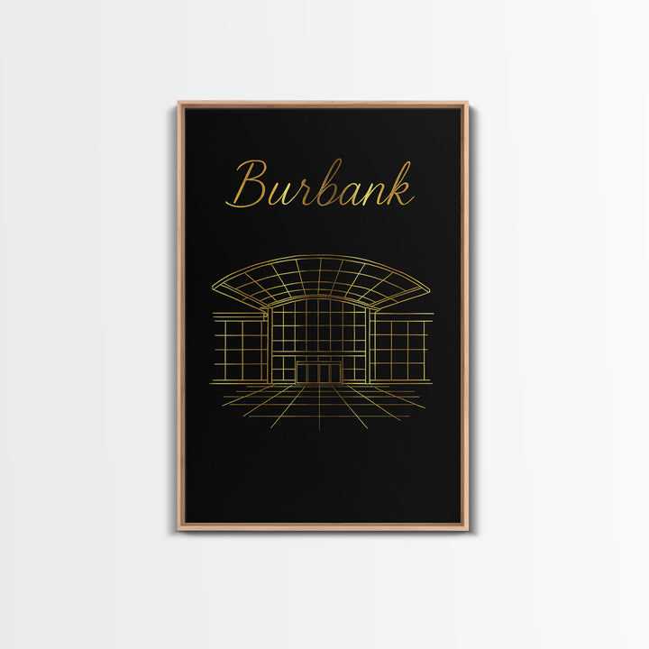 Burbank California Travel Poster, Framed Canvas Print, Gold Outline Poster Art, Burbank Poster Print, Travel Wall Art, Living Room Wall Art