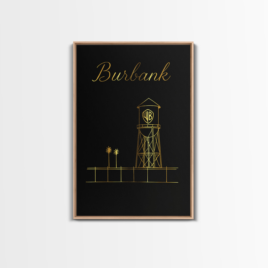 Burbank Travel Poster, Framed Canvas Print, Gold Outline Poster Art, Burbank Wall Art, Vintage City Poster, Retro Travel Print