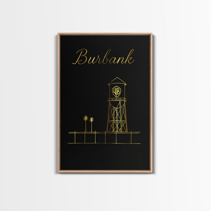 Burbank Travel Poster, Framed Canvas Print, Gold Outline Poster Art, Burbank Wall Art, Vintage City Poster, Retro Travel Print