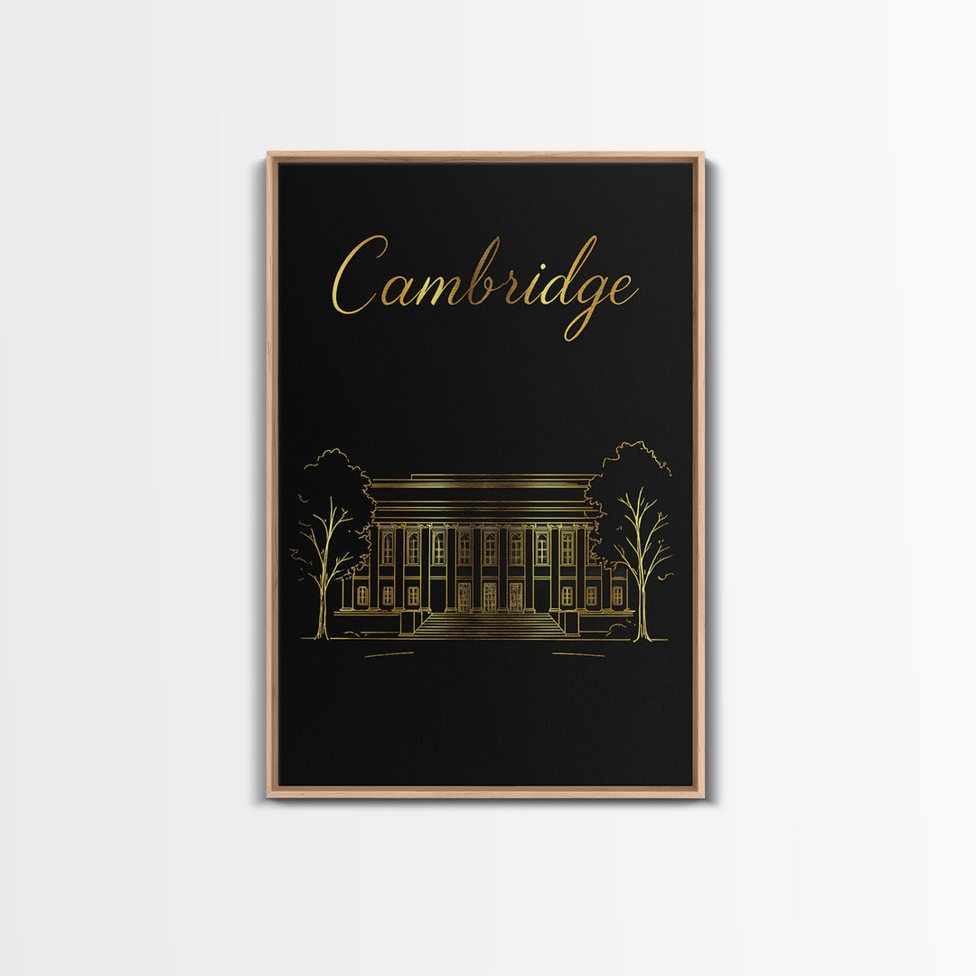 Cambridge Travel Poster, Framed Canvas Print, Black Gold Minimalist Art, Cambridge City Art, Retro Travel Print, Travel Wall Decor