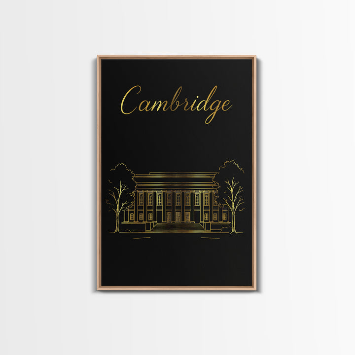 Cambridge Travel Poster, Framed Canvas Print, Black Gold Minimalist Art, Cambridge City Art, Retro Travel Print, Travel Wall Decor