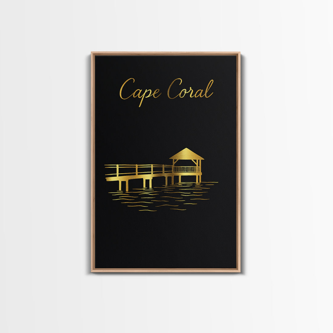 Cape Coral Florida Travel Poster, Canvas Print, Black Gold Minimalist Art, Cape Coral Poster Print, Mid Century Wall Art, Travel Wall Decor