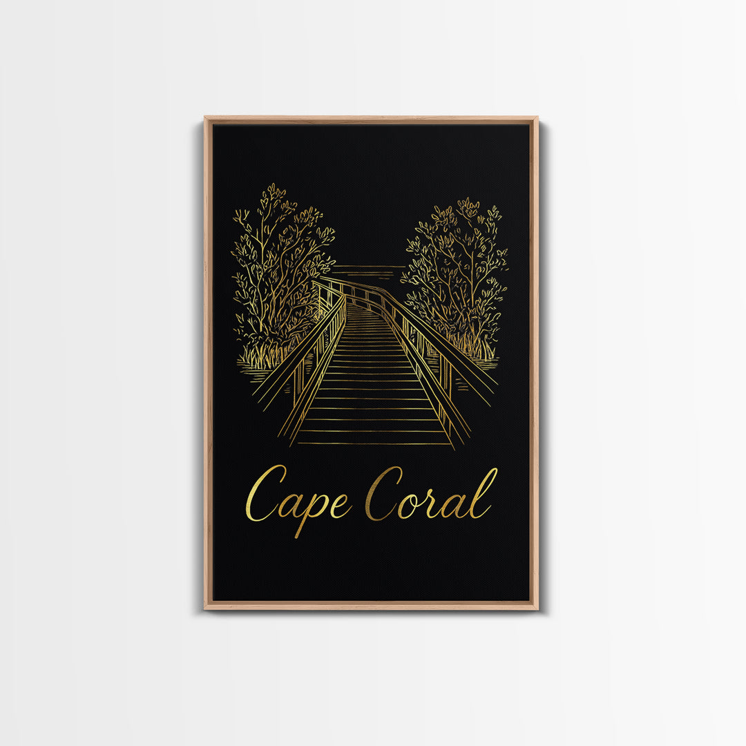 Cape Coral Travel Poster, Framed Canvas Print, Gold Outline Poster Art, Cape Coral Travel Art, Travel Wall Decor, Modern Wall Decor