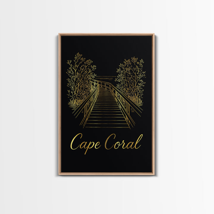 Cape Coral Travel Poster, Framed Canvas Print, Gold Outline Poster Art, Cape Coral Travel Art, Travel Wall Decor, Modern Wall Decor