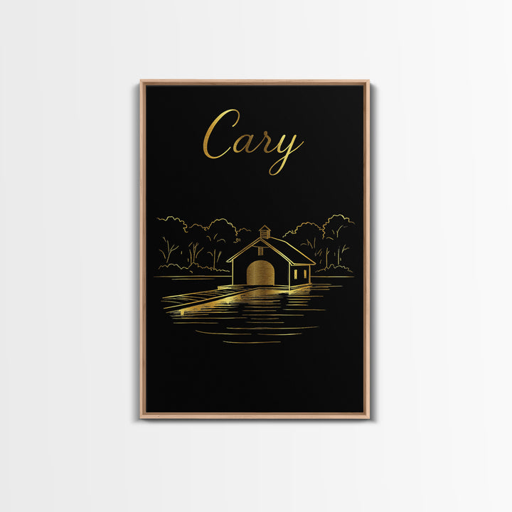 Cary North Carolina Travel Poster, Canvas Print, Gold Outline Poster Art, Cary Wall Art, Vintage City Poster, Skyline Art, Vintage City Art