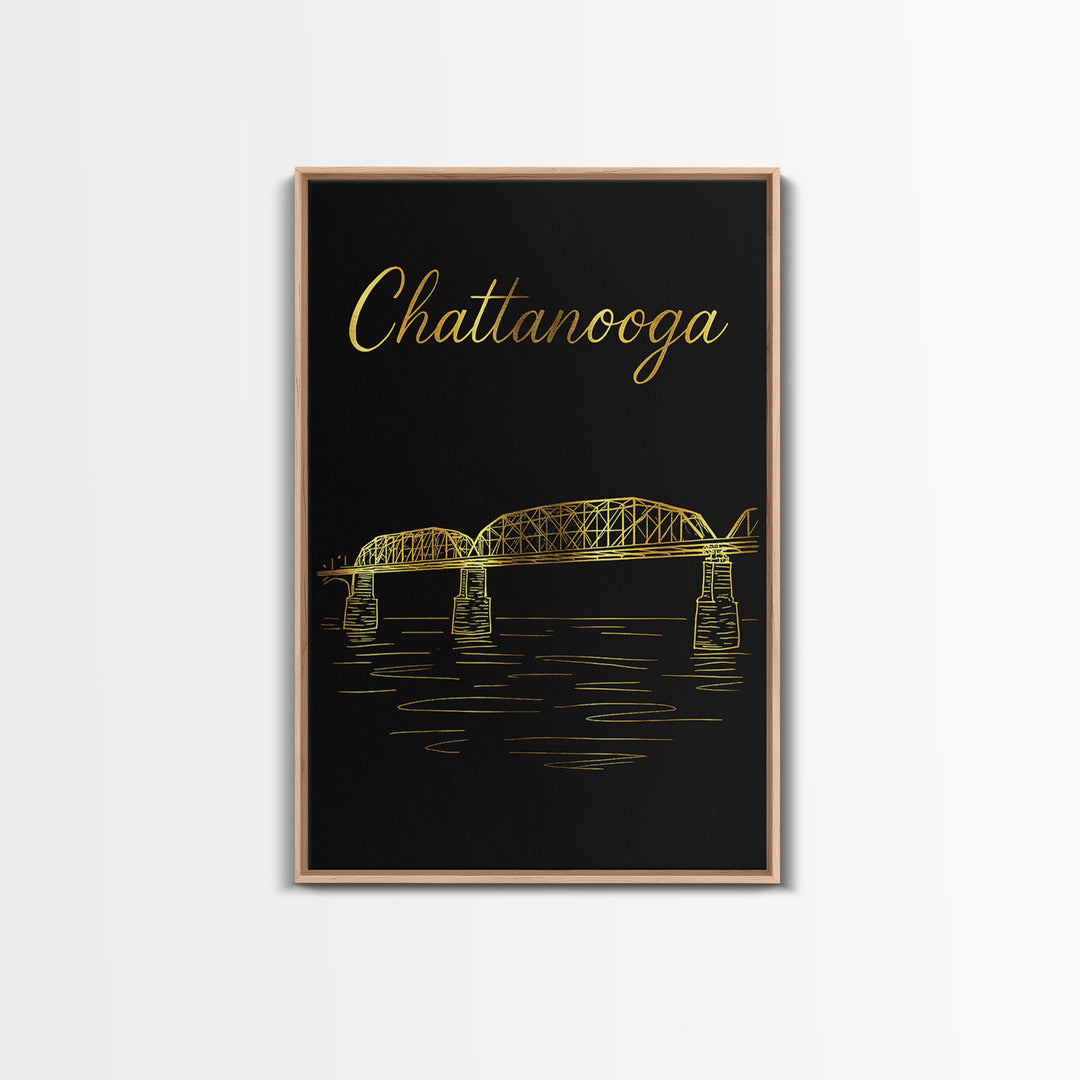 Chattanooga Tennessee Travel Poster, Canvas Print, Gold Outline Poster Art, Chattanooga Wall Art, Mid Century Wall Art, Travel Art Print