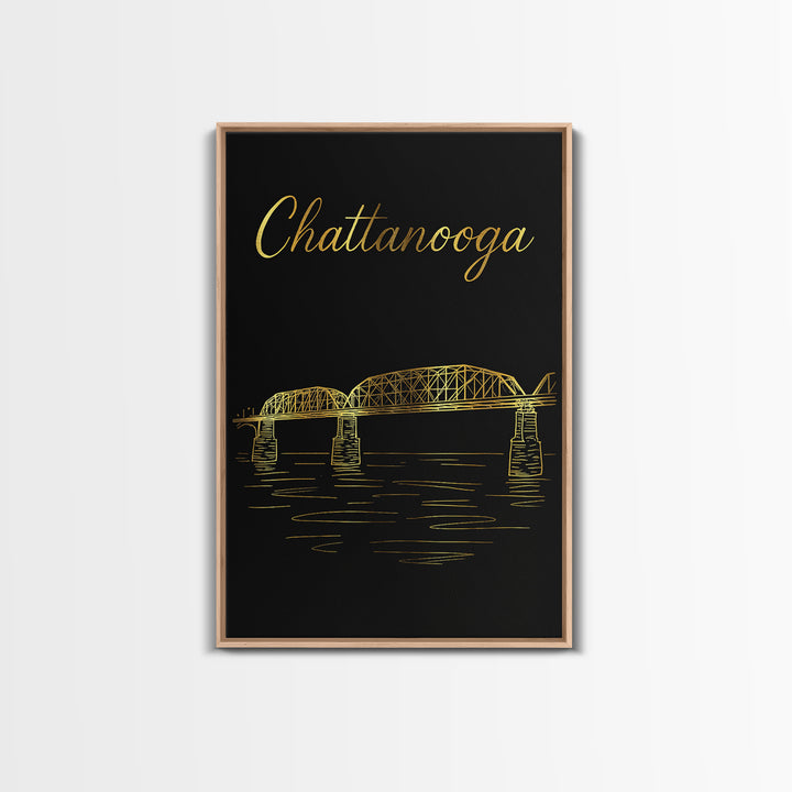 Chattanooga Tennessee Travel Poster, Canvas Print, Gold Outline Poster Art, Chattanooga Wall Art, Mid Century Wall Art, Travel Art Print