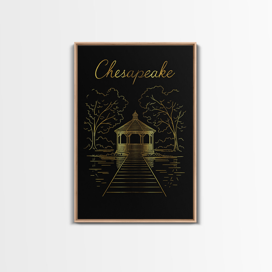 Chesapeake Travel Poster, Framed Canvas Print, Black Gold Minimalist Art, Chesapeake Art Print, Eclectic Wall Decor, Gift For Travelers