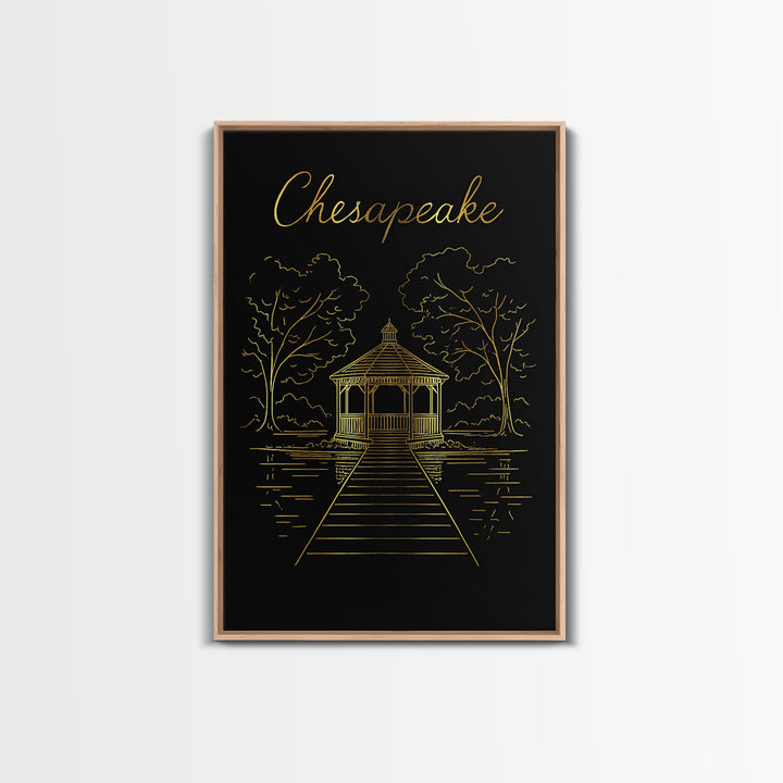 Chesapeake Travel Poster, Framed Canvas Print, Black Gold Minimalist Art, Chesapeake Art Print, Eclectic Wall Decor, Gift For Travelers