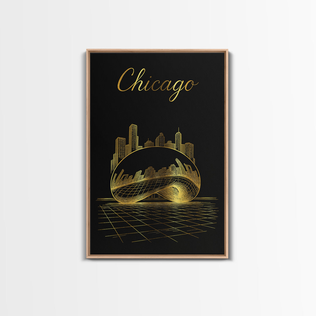 Chicago Illinois Travel Poster, Framed Canvas Print, Gold Outline Poster Art, Chicago Travel Art, Gift For Travelers, Retro Travel Print