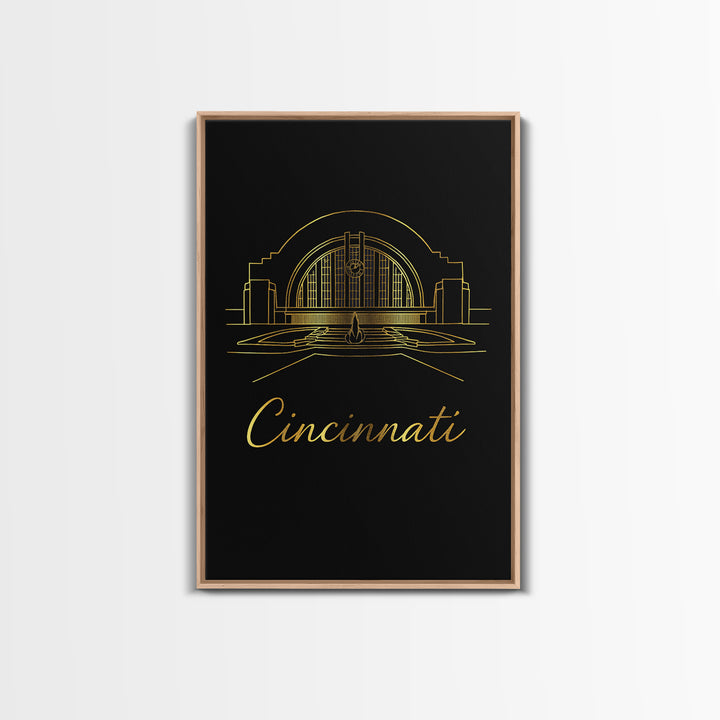 Cincinnati Ohio Travel Poster, Framed Canvas Print, Black Gold Minimalist Art, Cincinnati City Art, Fine Art Print, Living Room Wall Art