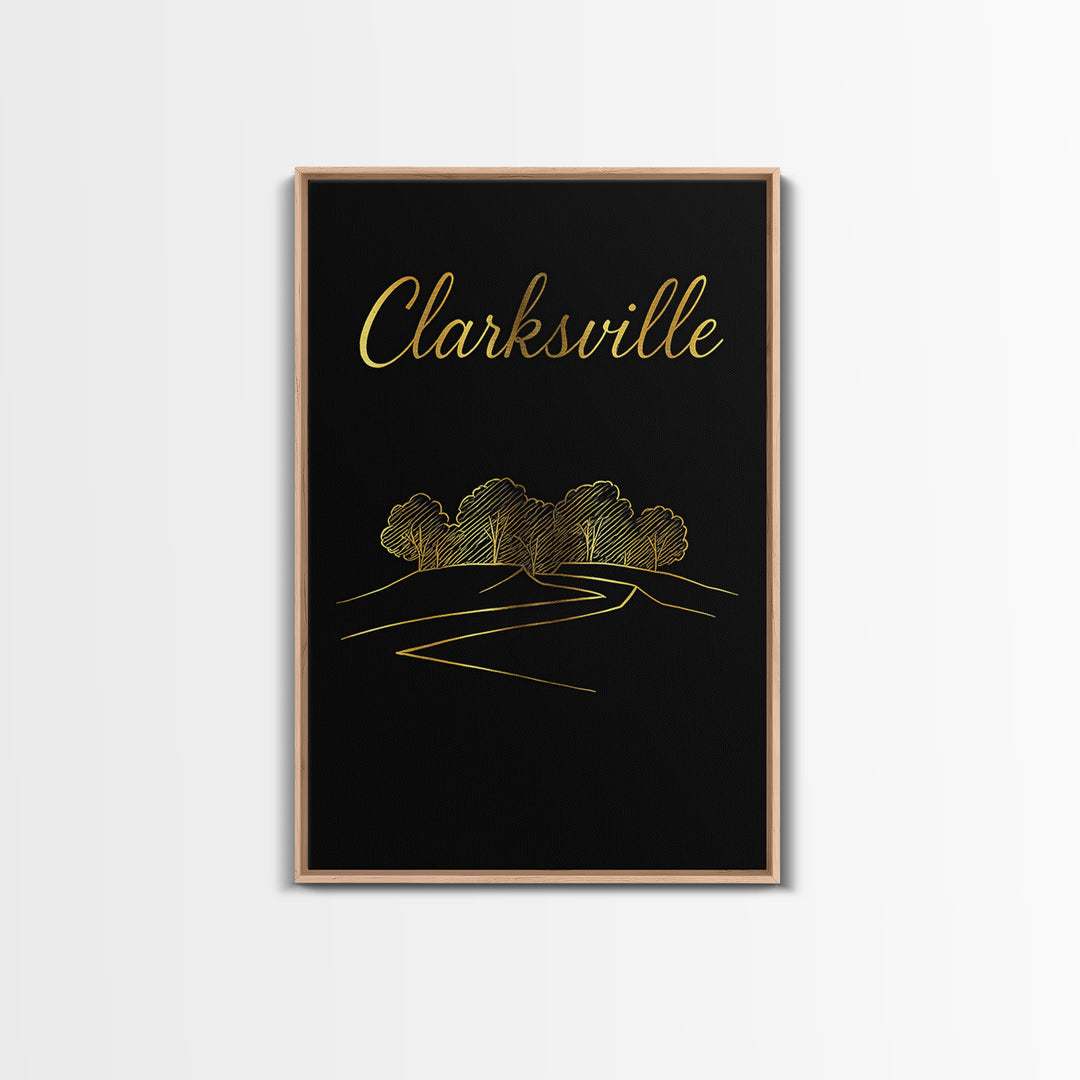 Clarksville Tennessee Travel Poster, Framed Canvas Print, Minimalist Gold Line Art, Clarksville City Art, City Art Print, Wanderlust Decor