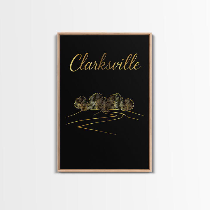 Clarksville Tennessee Travel Poster, Framed Canvas Print, Minimalist Gold Line Art, Clarksville City Art, City Art Print, Wanderlust Decor