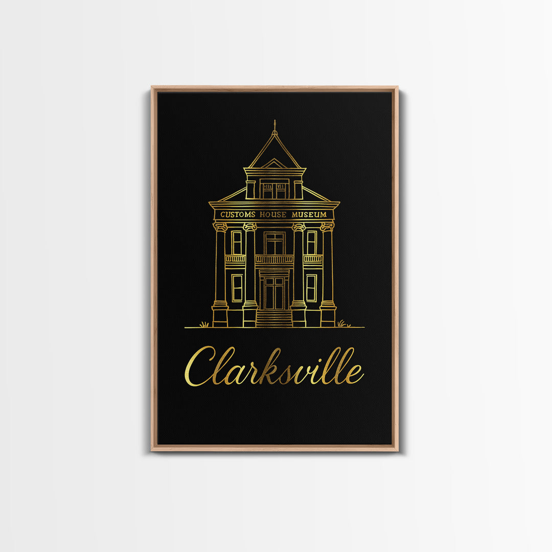 Clarksville Travel Poster, Framed Canvas Print, Gold Outline Poster Art, Clarksville Poster Print, Vintage City Art, Retro Travel Print