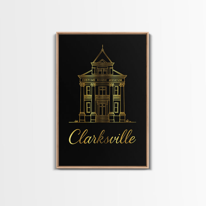 Clarksville Travel Poster, Framed Canvas Print, Gold Outline Poster Art, Clarksville Poster Print, Vintage City Art, Retro Travel Print