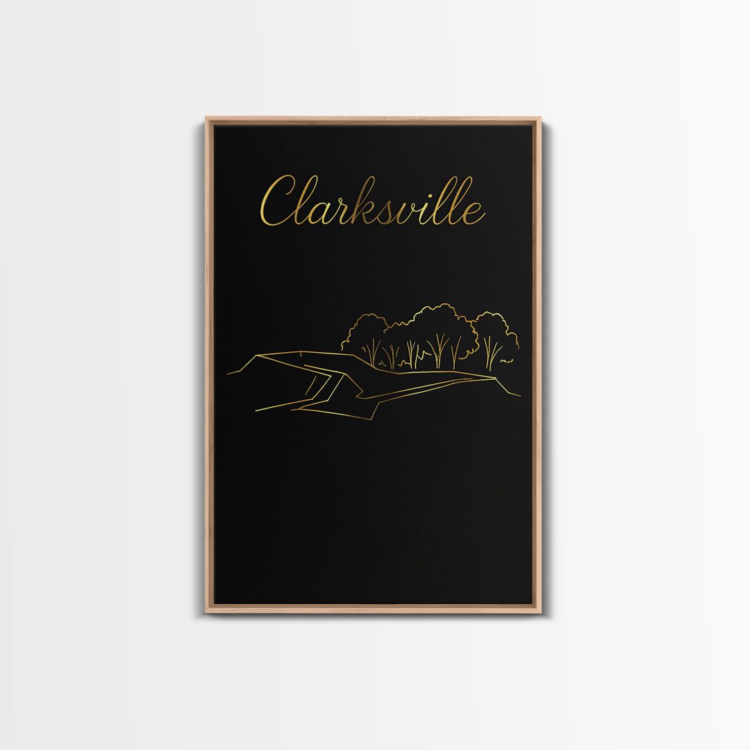 Clarksville Travel Poster, Framed Canvas Print, Black Gold Minimalist Art, Clarksville Travel Art, City Travel Prints, City Art Print