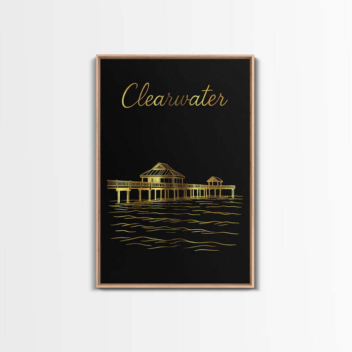 Clearwater Travel Poster, Framed Canvas Print, Gold Outline Poster Art, Clearwater Poster Print, Wanderlust Decor, City Illustration