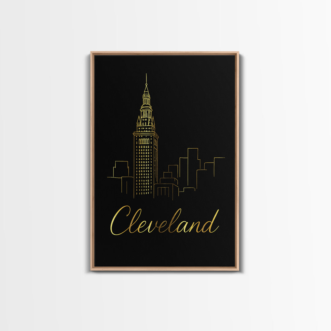 Cleveland Ohio Travel Poster, Framed Canvas Print, Minimalist Gold Line Art, Cleveland City Art, Fine Art Print, City Travel Prints