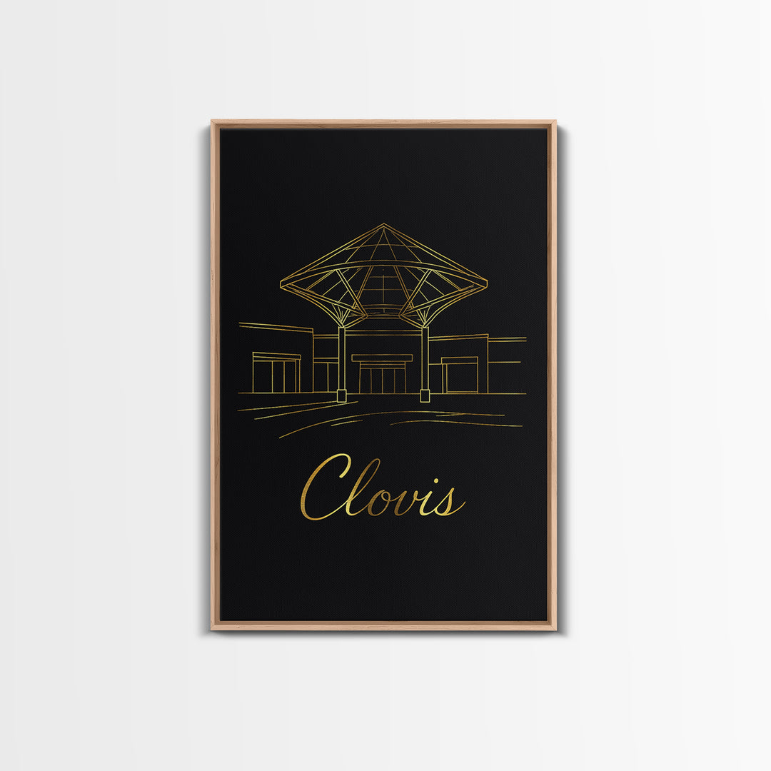 Clovis Travel Poster, Canvas Print, Gold Outline Poster Art, Clovis Travel Art, City Art Print, Mid Century Wall Art, Watercolor Skyline