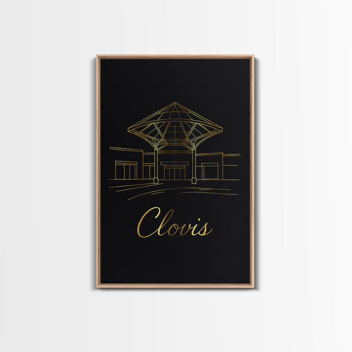 Clovis Travel Poster, Canvas Print, Gold Outline Poster Art, Clovis Travel Art, City Art Print, Mid Century Wall Art, Watercolor Skyline