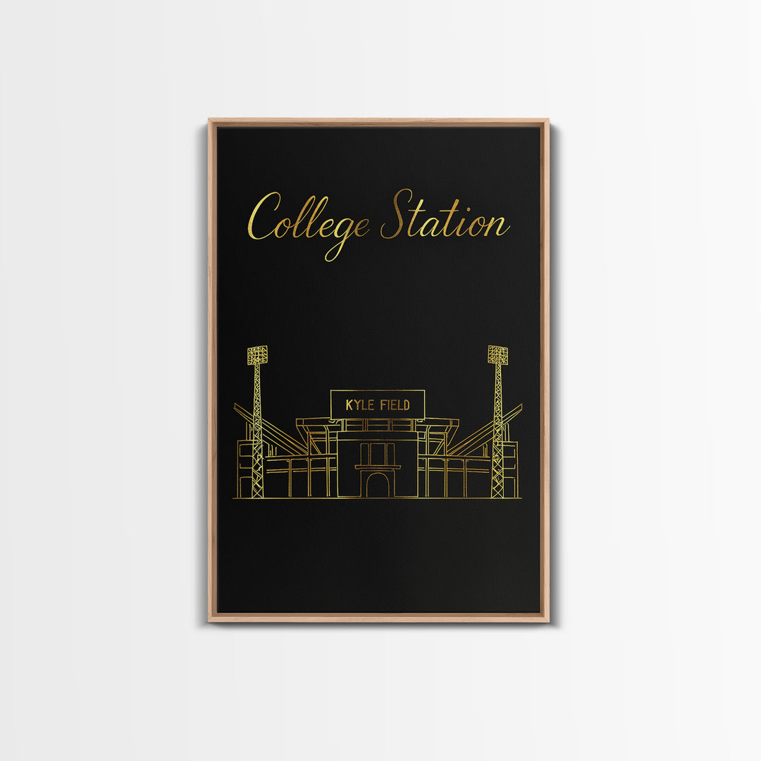 College Station Travel Poster, Framed Canvas Print, Minimalist Gold Line Art, College Station Travel Art, Watercolor Skyline