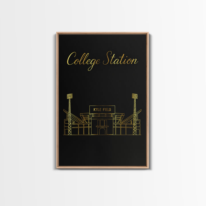 College Station Travel Poster, Framed Canvas Print, Minimalist Gold Line Art, College Station Travel Art, Watercolor Skyline