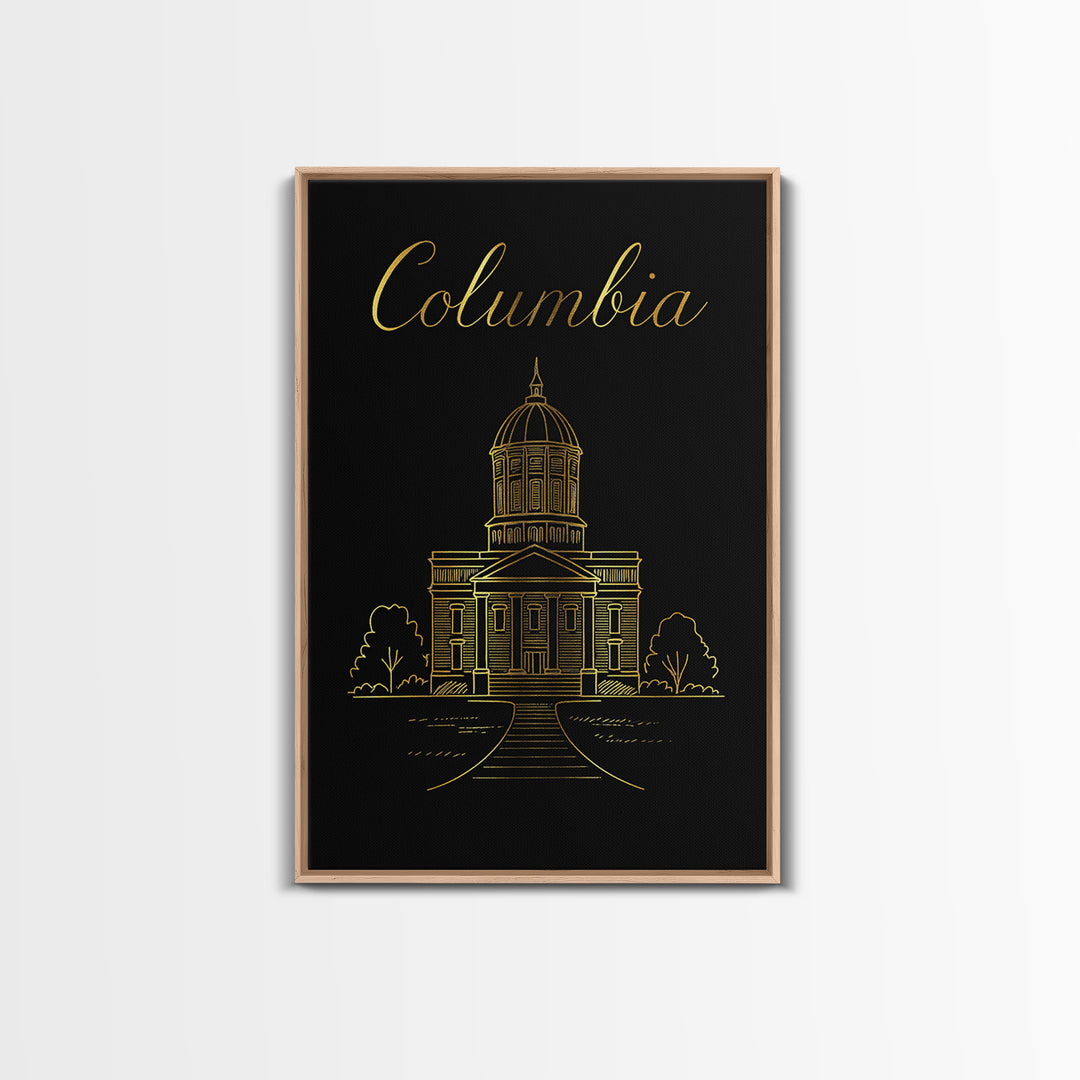 Columbia Travel Poster, Framed Canvas Print, Gold Outline Poster Art, Columbia Poster Print, City Art Print, Vintage Travel Print