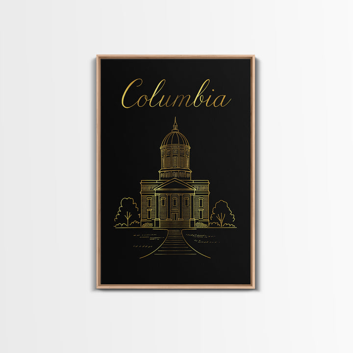 Columbia Travel Poster, Framed Canvas Print, Gold Outline Poster Art, Columbia Poster Print, City Art Print, Vintage Travel Print