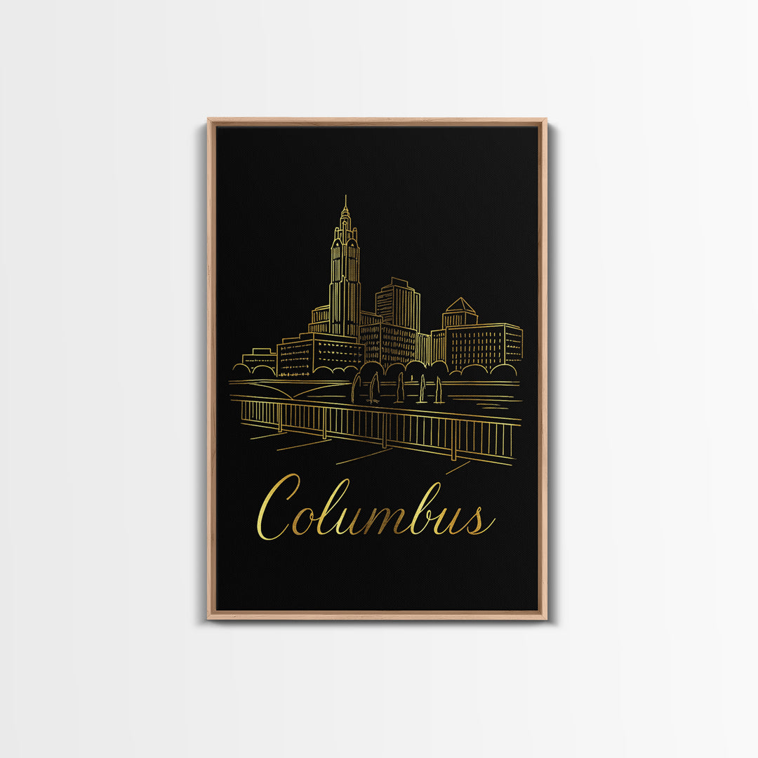 Columbus Ohio Travel Poster, Framed Canvas Print, Black Gold Minimalist Art, Columbus Travel Art, Travel Wall Art, Living Room Wall Art
