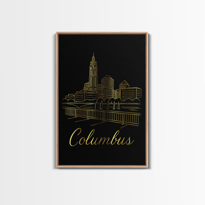 Columbus Ohio Travel Poster, Framed Canvas Print, Black Gold Minimalist Art, Columbus Travel Art, Travel Wall Art, Living Room Wall Art