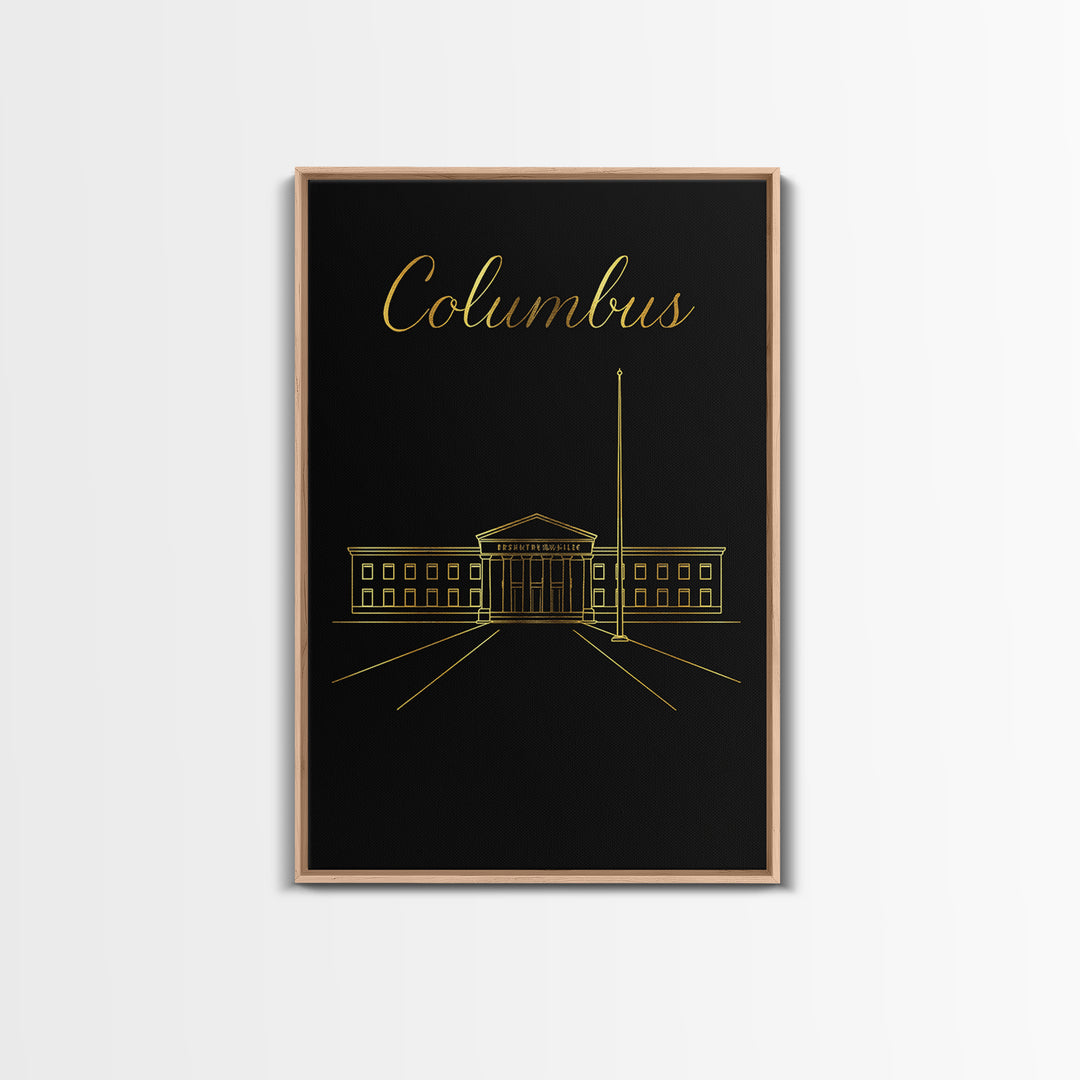 Columbus Travel Poster, Framed Canvas Print, Dark Minimalist Wall Art, Columbus Travel Art, Travel Poster Art, Mid Century Wall Art