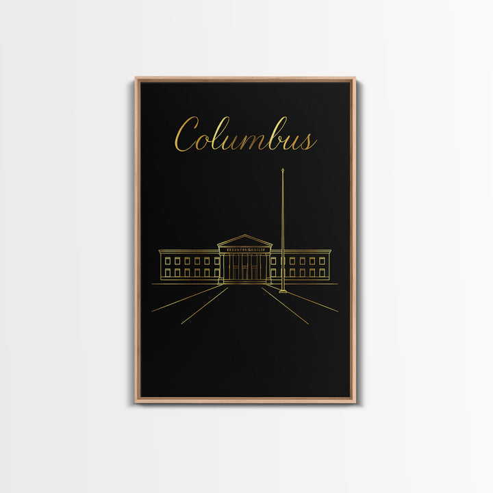 Columbus Travel Poster, Framed Canvas Print, Dark Minimalist Wall Art, Columbus Travel Art, Travel Poster Art, Mid Century Wall Art