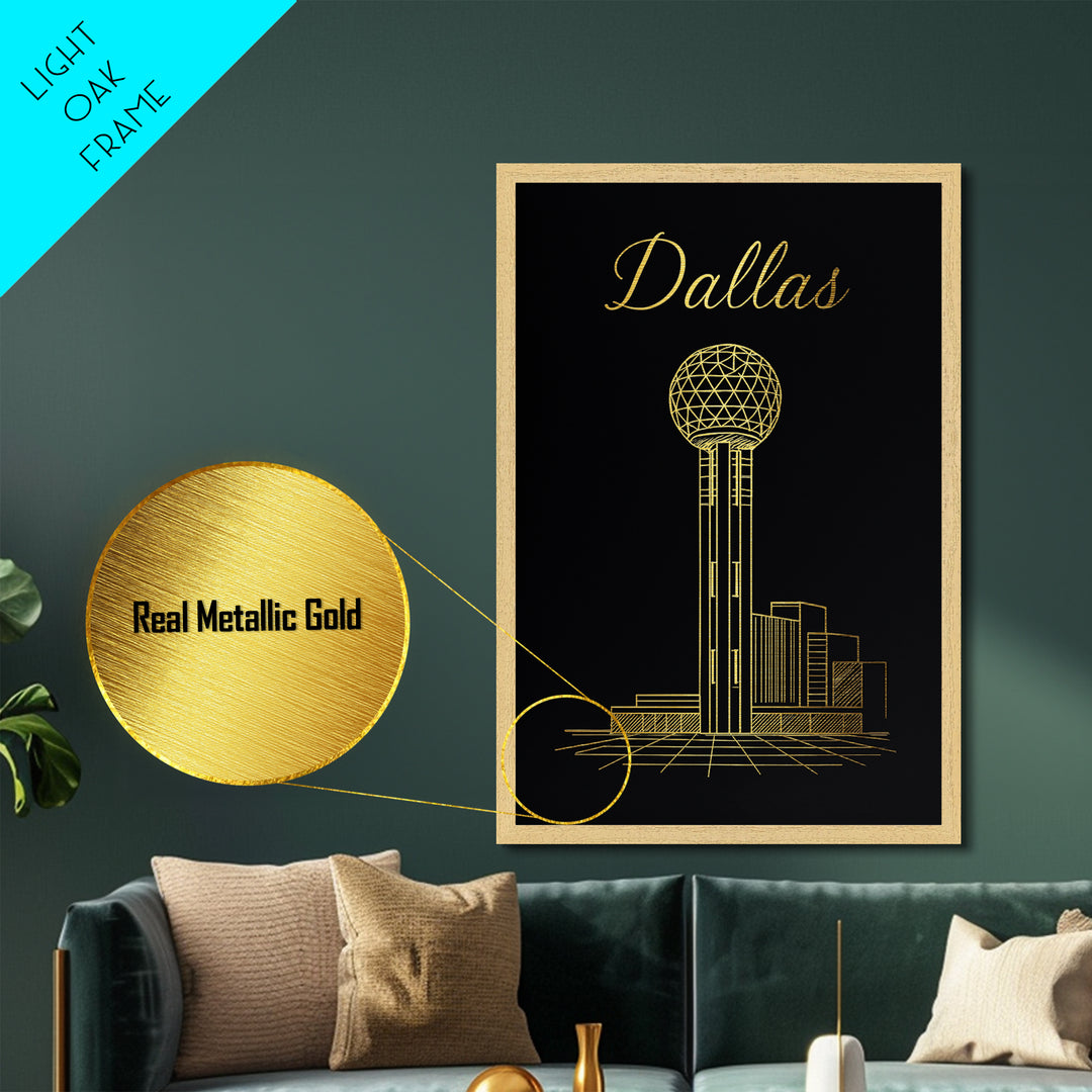 Dallas Texas Art, Metallic Gold Art, Wood Framed Art, Metal Art, Minimalist Wall Art, Wanderlust Gift, Entryway Wall Print