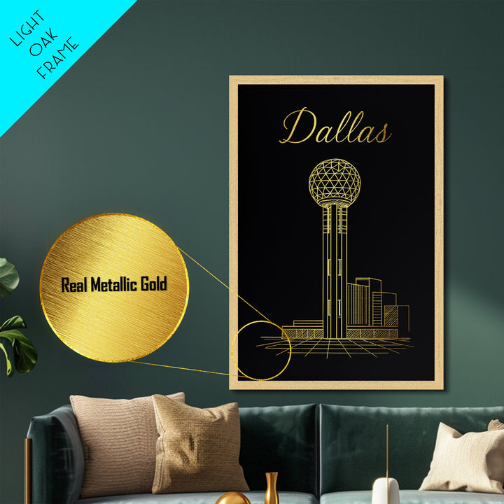 Dallas Texas Art, Metallic Gold Art, Wood Framed Art, Metal Art, Minimalist Wall Art, Wanderlust Gift, Entryway Wall Print