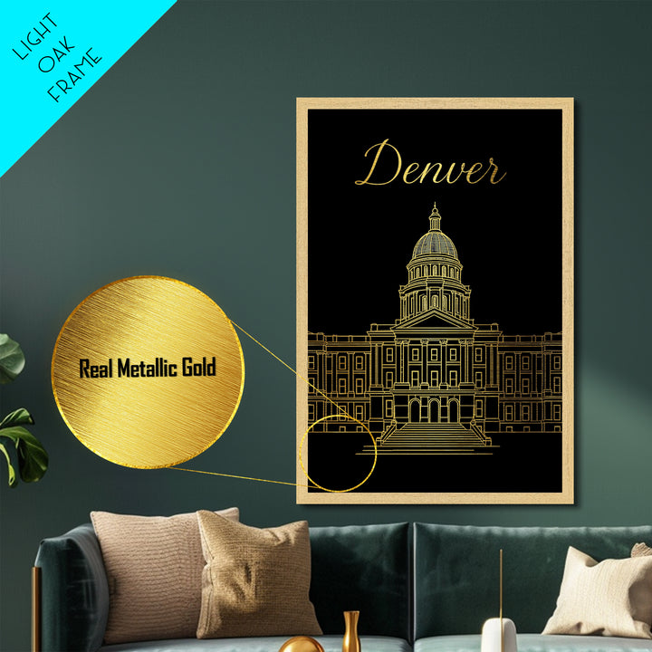 Denver Colorado Art, Metallic Gold Print, Wood Framed Art, Metal Art, Modern House Art, Retirement Gift, Bedroom Wall Art