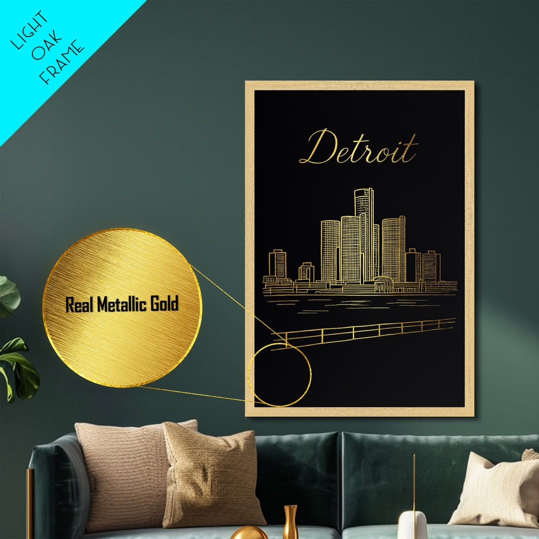 Detroit Michigan Travel, Metallic Gold Art, Wood Framed Art, Metal Art, Modern Skyline Wall Print, Wanderlust Gift, Bedroom Art