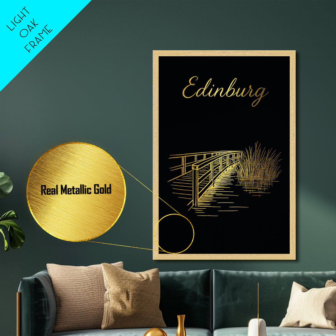 Edinburg Texas Travel, Metallic Gold Art, Wood Framed Art, Metal Art, Modern Skyline Wall Print, Graduation Gift, Bedroom Art