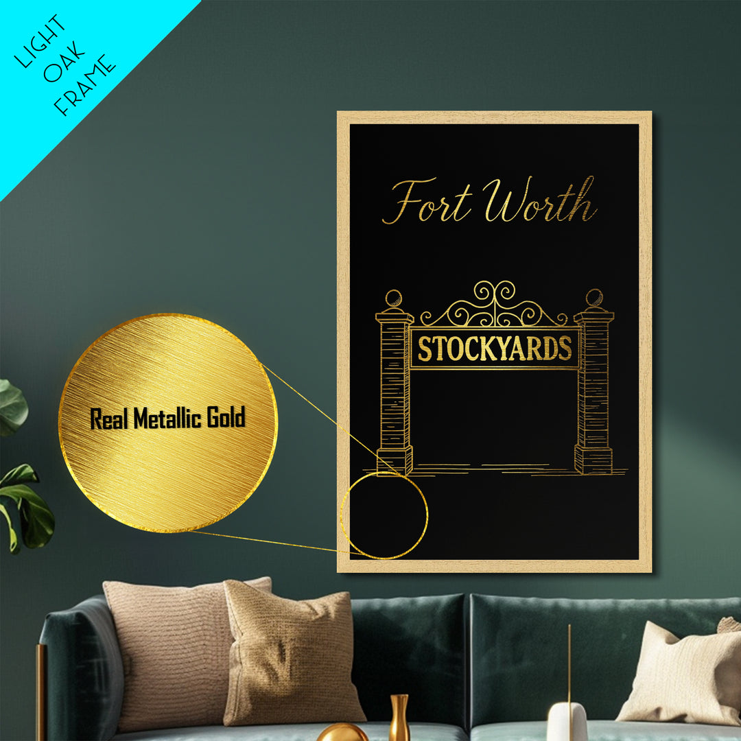 Fort Worth Texas Art, Metallic Gold Print, Wood Framed Art, Metal Art, Modern Wall Art, Anniversary Gift, Bedroom Art