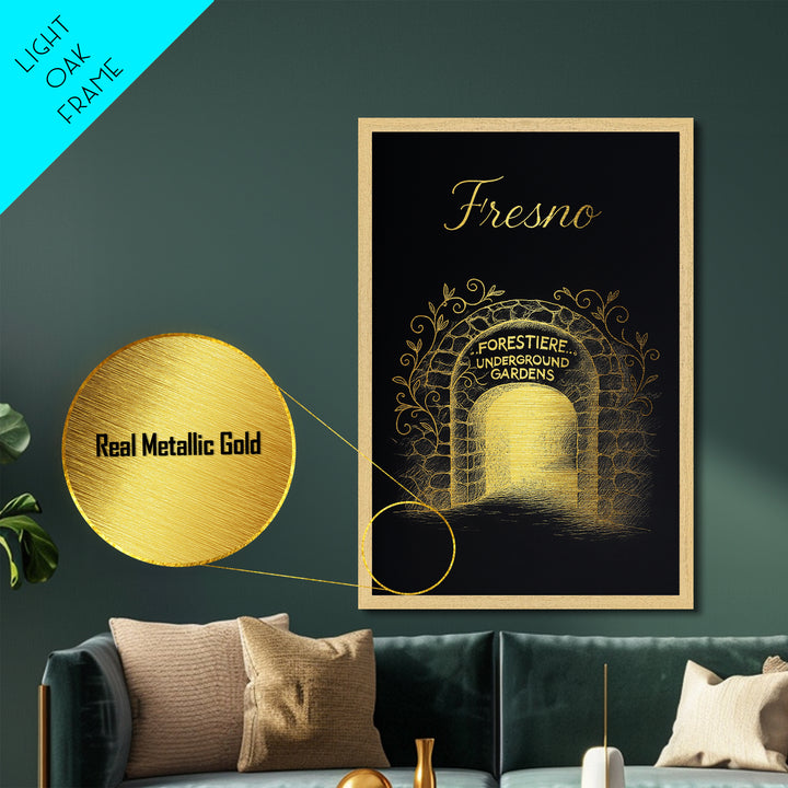 Fresno California Travel, Metallic Gold Art, Wood Framed Art, Metal Art, Modern Skyline Wall Print, Anniversary Gift, Entryway Wall Print