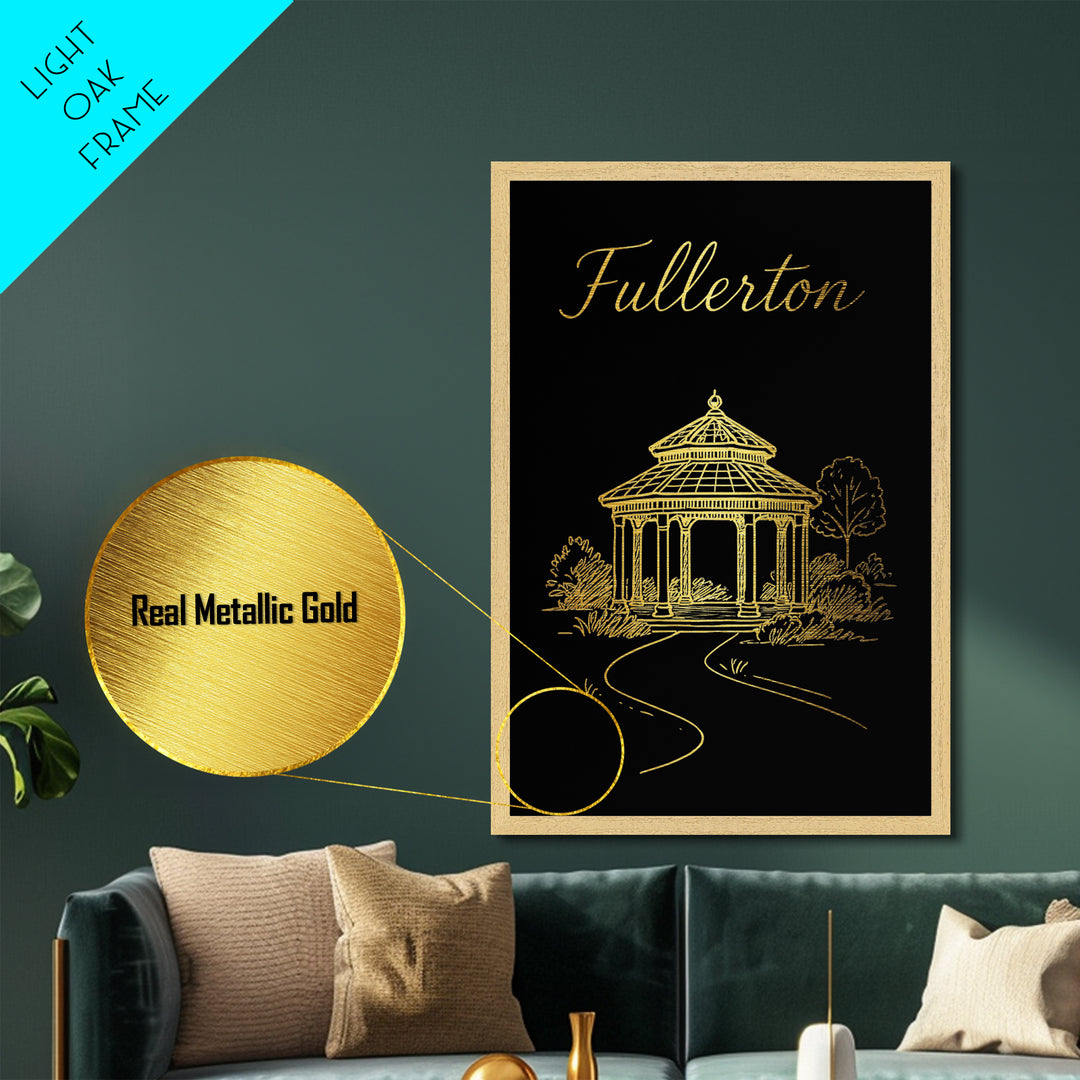 Fullerton California Art, Metallic Gold Print, Wood Framed Art, Metal Art, Modern Wall Art, Adventure Lover Gift, Entryway Wall Print