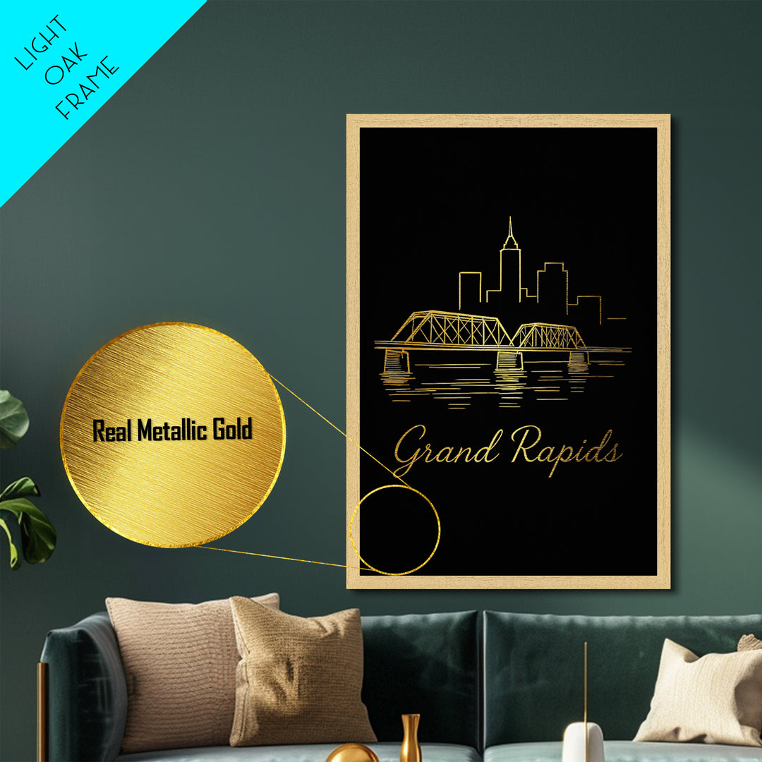 Grand Rapids Michigan Travel, Metallic Gold Print, Wood Framed Art, Metal Art, Modern Skyline Wall Print, Retirement Gift, Hallway Wall Art