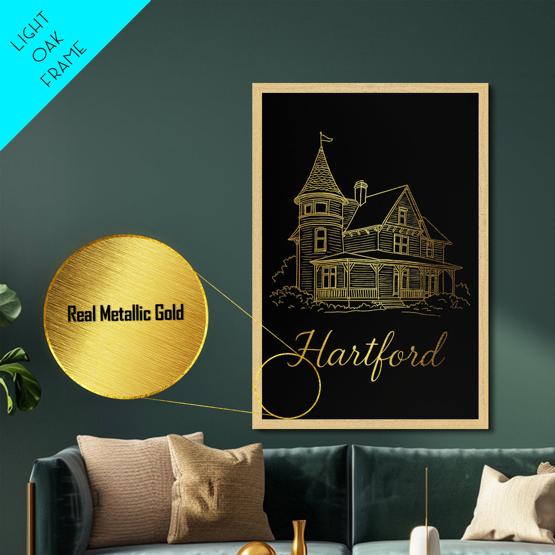 Hartford Connecticut Travel, Metallic Gold Art, Wood Framed Art, Metal Art, Modern Skyline Wall Print, Anniversary Gift, Bedroom Wall Art