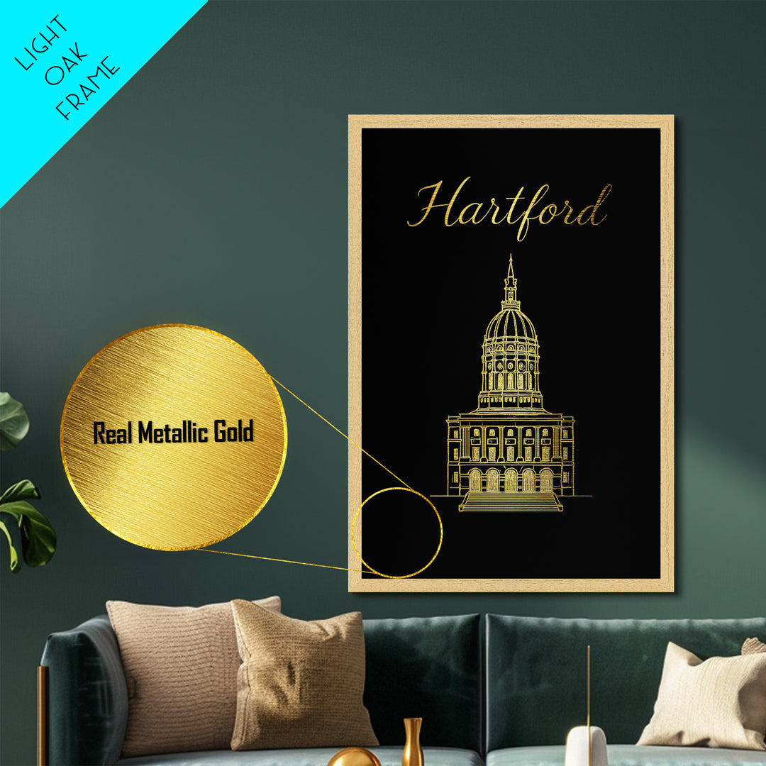 Hartford Connecticut Art, Metallic Gold Print, Wood Framed Art, Metal Art, Modern Wall Art, Graduation Gift, Entryway Wall Print