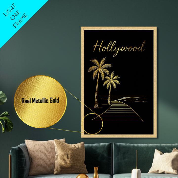 Hollywood Florida Travel, Metallic Gold Art, Wood Framed Art, Metal Art, Modern Skyline Wall Print, Anniversary Gift, Entryway Wall Print