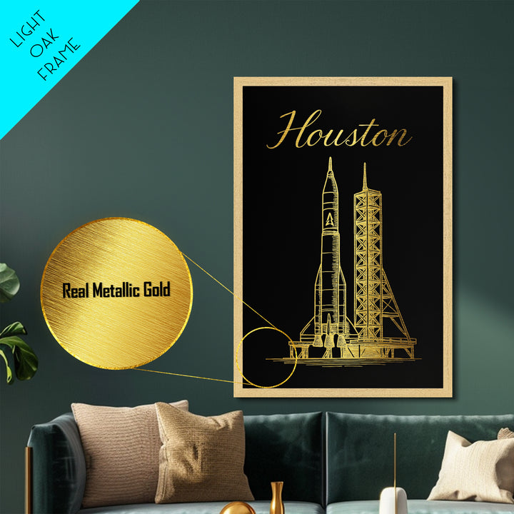 Houston Texas Art, Metallic Gold Print, Wood Framed Art, Metal Art, Modern Wall Art, Adventure Lover Gift, Entryway Wall Print