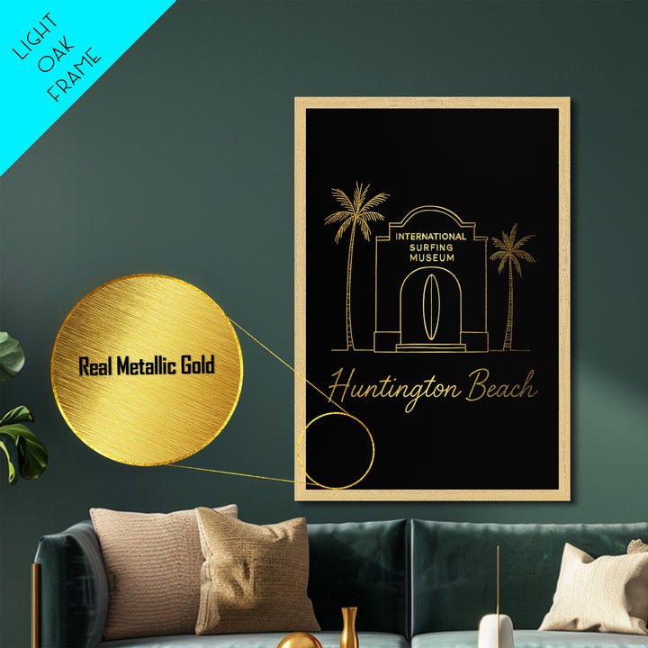 Huntington Beach California Travel, Metallic Gold Art, Wood Framed Art, Metal Art, Minimalist Wall Art, Destination Gift, Hallway Wall Art